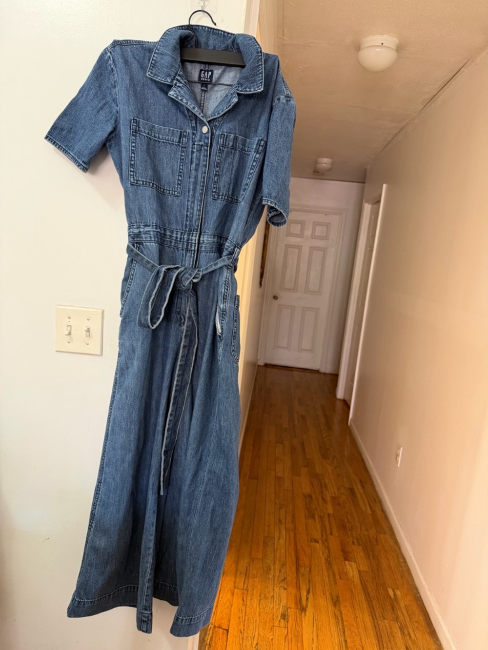 GAP Women's Medium Blue Denim Overall Jumpsuit with Tie Waist
